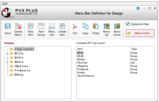 Menu Bar Definition for Design window, showing the Groups tree, Contents Of list, and toolbar including the Menu Colors button and Suppress Help check box.