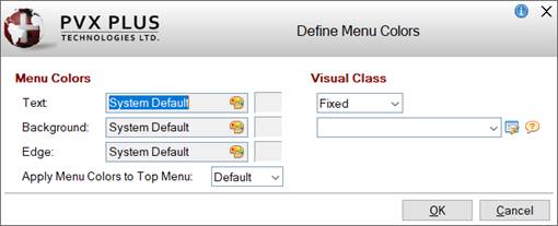 Define Menu Colors dialogue showing Text, Background and Edge color fields, an Apply Menu Colors to Top Menu option, and a Visual Class selection.