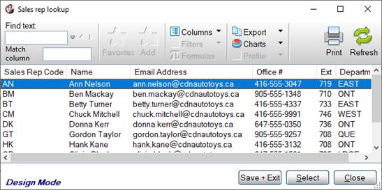 Example query displayed in Test and Design mode.