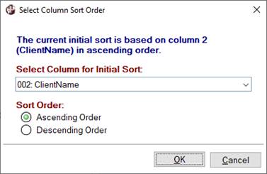 Select Column Sort Order window for choosing the initial query sort.